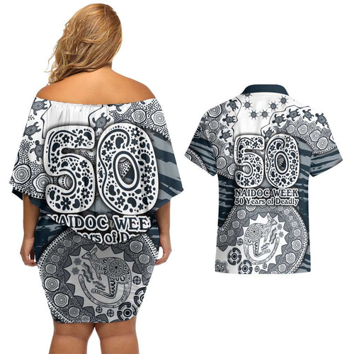 Carlton Blues NAIDOC Week 2026 Couples Matching Off Shoulder Short Dress and Hawaiian Shirt Australian Aboriginal Dot Art Dreamtime Pattern Style