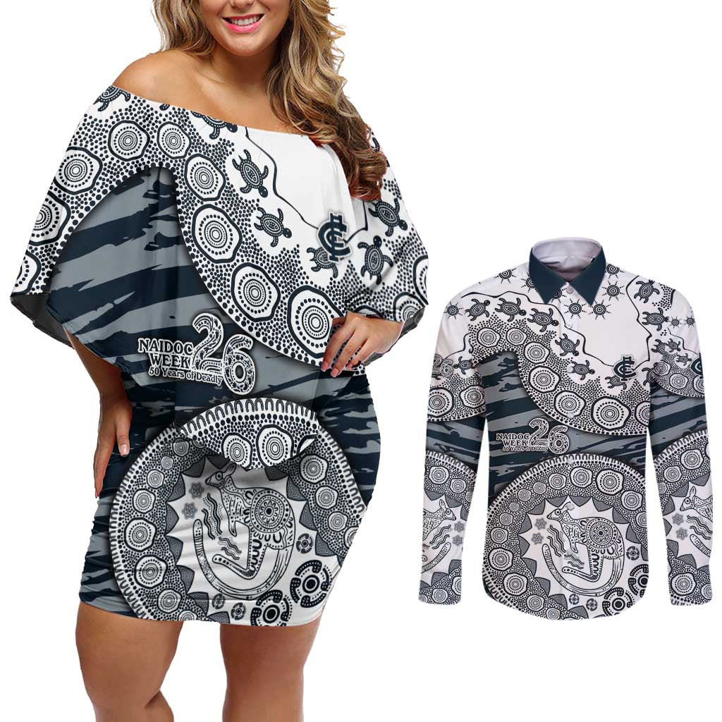 Carlton Blues NAIDOC Week 2026 Couples Matching Off Shoulder Short Dress and Long Sleeve Button Shirt Australian Aboriginal Dot Art Dreamtime Pattern Style