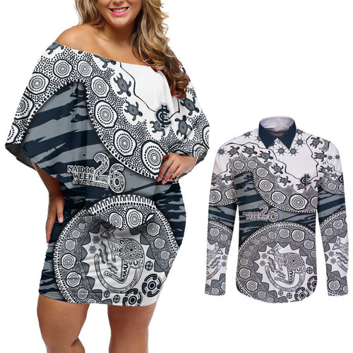 Carlton Blues NAIDOC Week 2026 Couples Matching Off Shoulder Short Dress and Long Sleeve Button Shirt Australian Aboriginal Dot Art Dreamtime Pattern Style