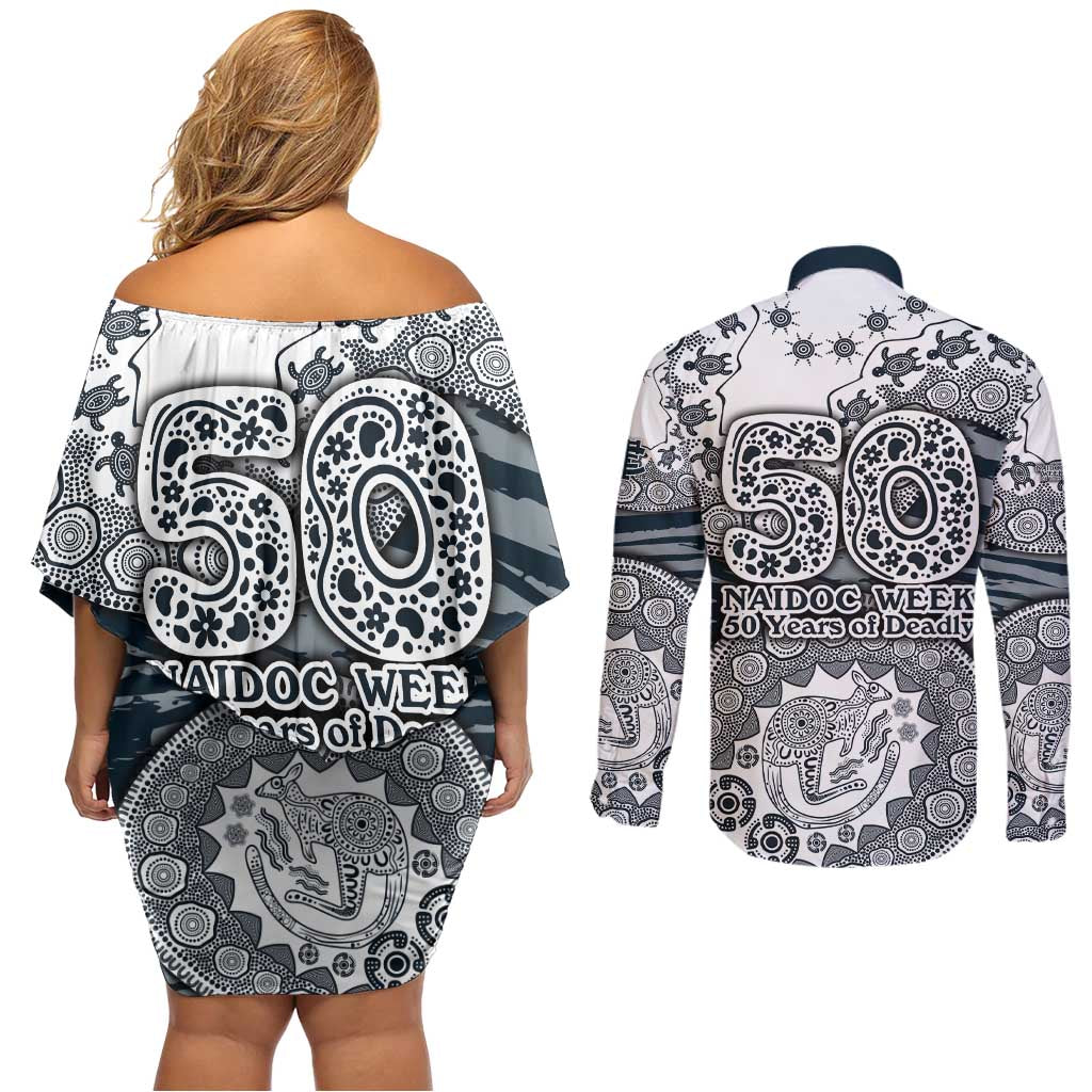 Carlton Blues NAIDOC Week 2026 Couples Matching Off Shoulder Short Dress and Long Sleeve Button Shirt Australian Aboriginal Dot Art Dreamtime Pattern Style