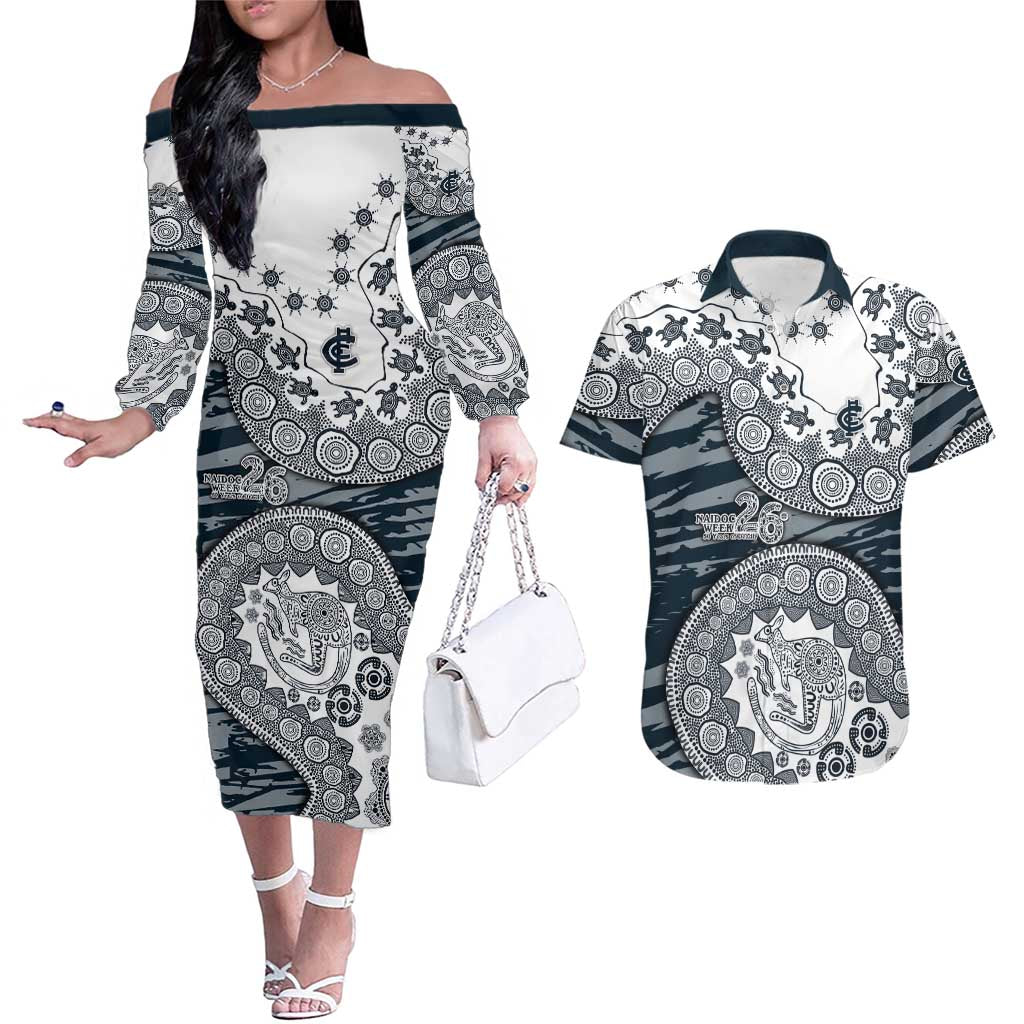 Carlton Blues NAIDOC Week 2026 Couples Matching Off The Shoulder Long Sleeve Dress and Hawaiian Shirt Australian Aboriginal Dot Art Dreamtime Pattern Style