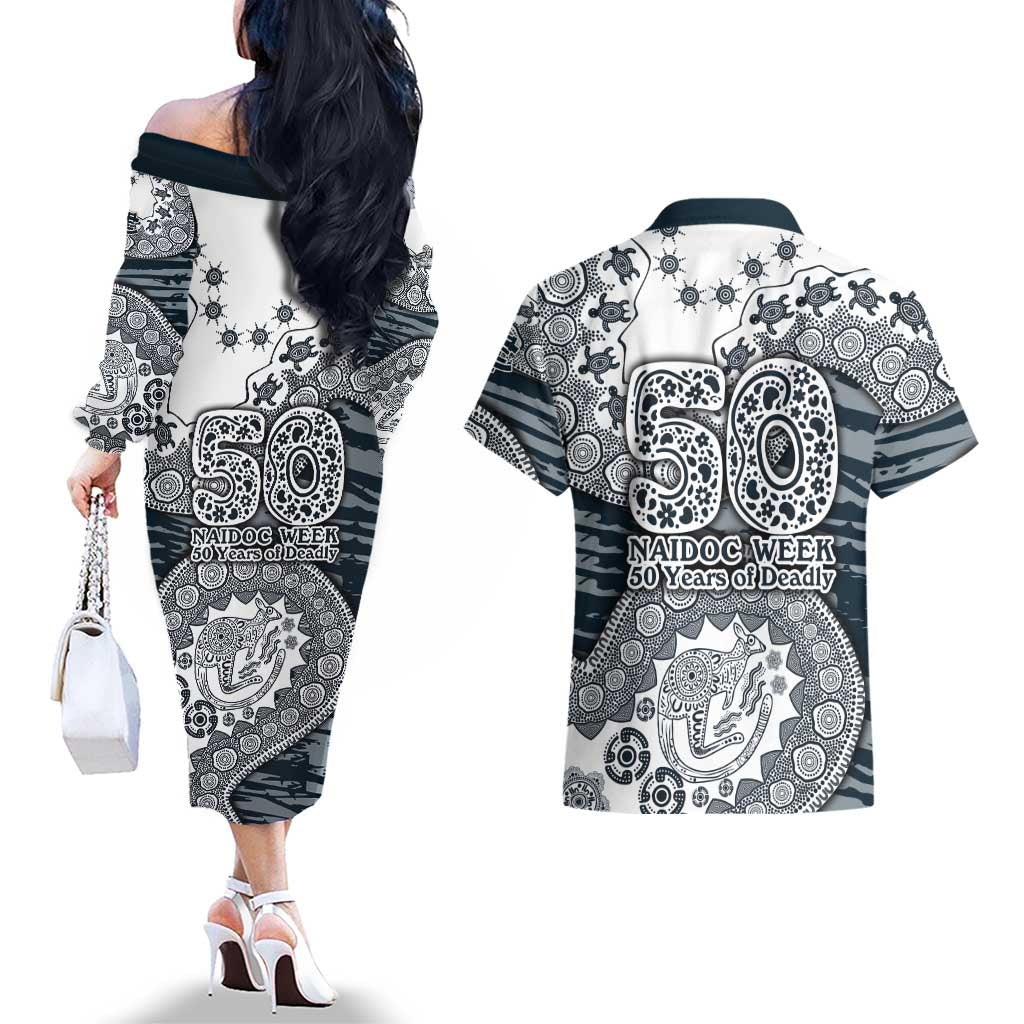 Carlton Blues NAIDOC Week 2026 Couples Matching Off The Shoulder Long Sleeve Dress and Hawaiian Shirt Australian Aboriginal Dot Art Dreamtime Pattern Style