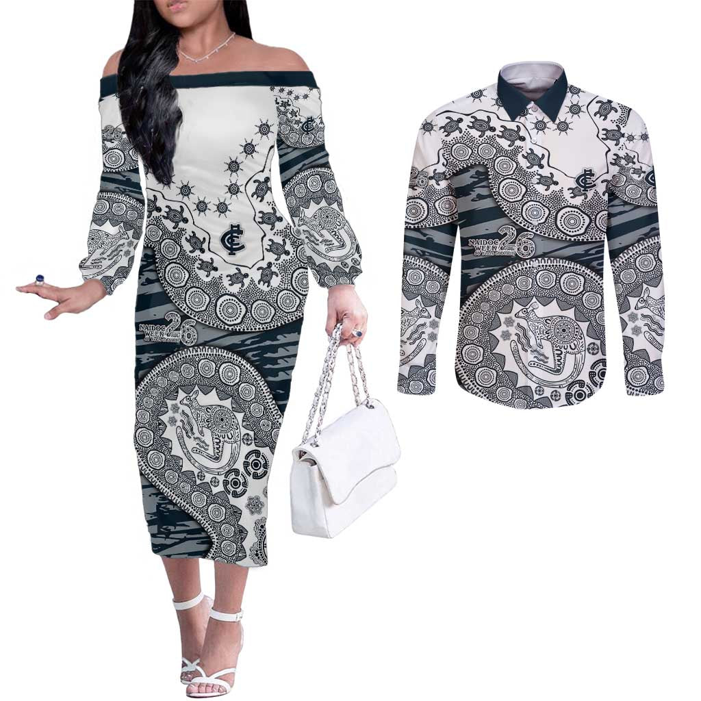 Carlton Blues NAIDOC Week 2026 Couples Matching Off The Shoulder Long Sleeve Dress and Long Sleeve Button Shirt Australian Aboriginal Dot Art Dreamtime Pattern Style