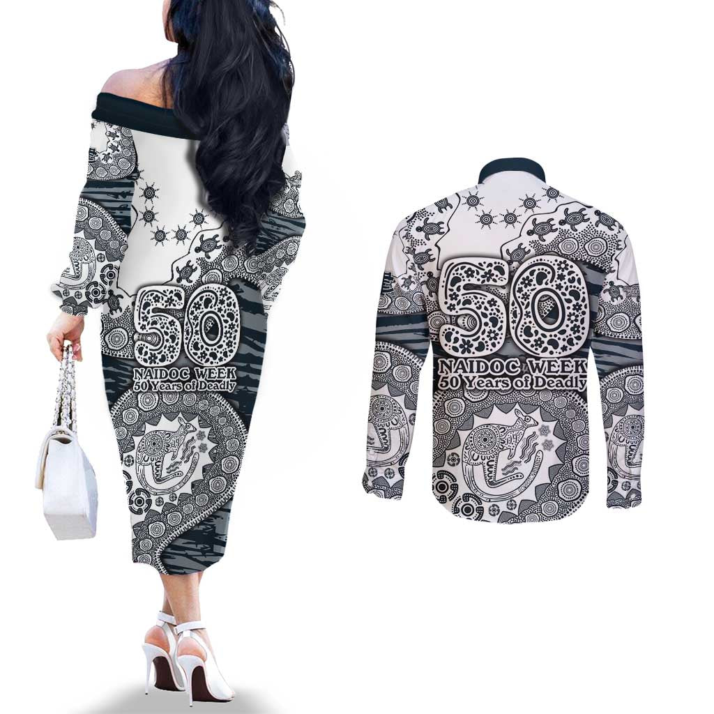 Carlton Blues NAIDOC Week 2026 Couples Matching Off The Shoulder Long Sleeve Dress and Long Sleeve Button Shirt Australian Aboriginal Dot Art Dreamtime Pattern Style