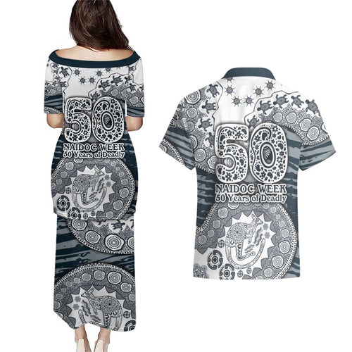Carlton Blues NAIDOC Week 2026 Couples Matching Puletasi and Hawaiian Shirt Australian Aboriginal Dot Art Dreamtime Pattern Style