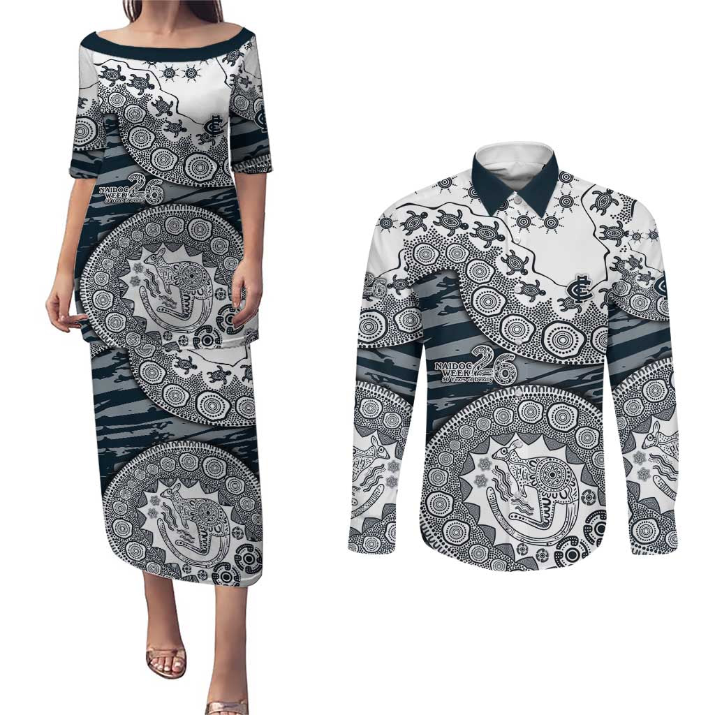 Carlton Blues NAIDOC Week 2026 Couples Matching Puletasi and Long Sleeve Button Shirt Australian Aboriginal Dot Art Dreamtime Pattern Style