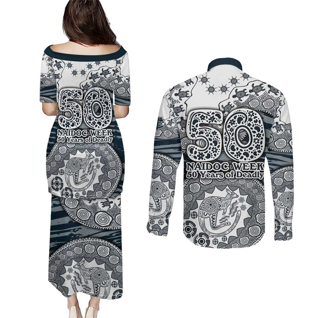Carlton Blues NAIDOC Week 2026 Couples Matching Puletasi and Long Sleeve Button Shirt Australian Aboriginal Dot Art Dreamtime Pattern Style