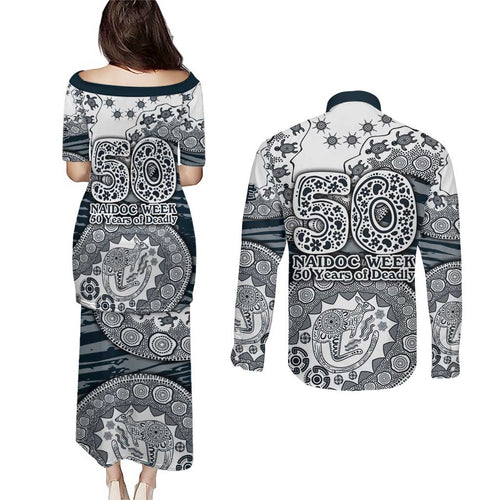 Carlton Blues NAIDOC Week 2026 Couples Matching Puletasi and Long Sleeve Button Shirt Australian Aboriginal Dot Art Dreamtime Pattern Style