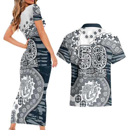 Carlton Blues NAIDOC Week 2026 Couples Matching Short Sleeve Bodycon Dress and Hawaiian Shirt Australian Aboriginal Dot Art Dreamtime Pattern Style