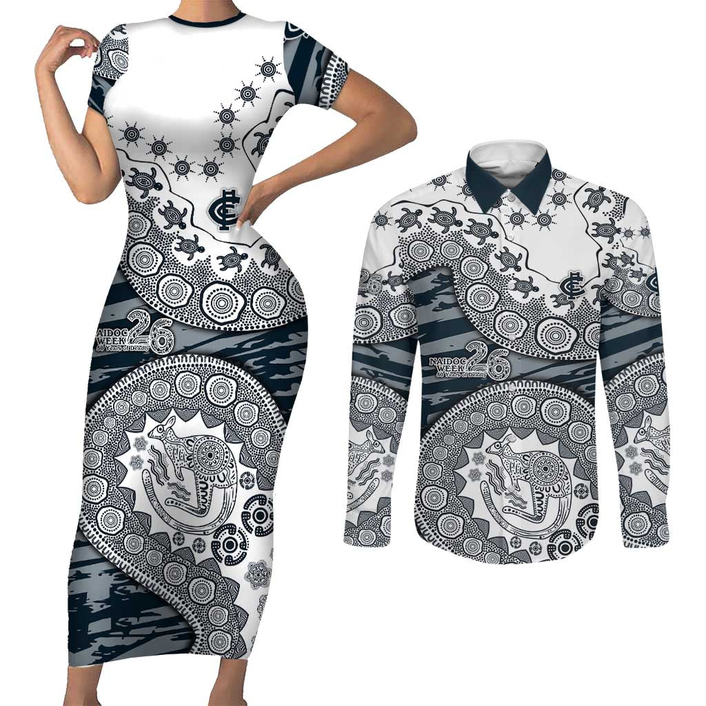 Carlton Blues NAIDOC Week 2026 Couples Matching Short Sleeve Bodycon Dress and Long Sleeve Button Shirt Australian Aboriginal Dot Art Dreamtime Pattern Style