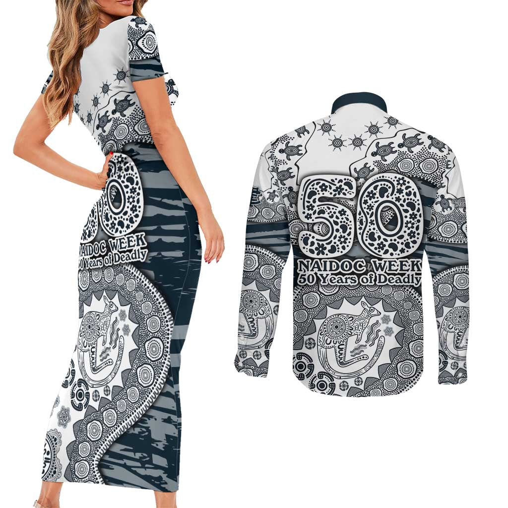 Carlton Blues NAIDOC Week 2026 Couples Matching Short Sleeve Bodycon Dress and Long Sleeve Button Shirt Australian Aboriginal Dot Art Dreamtime Pattern Style