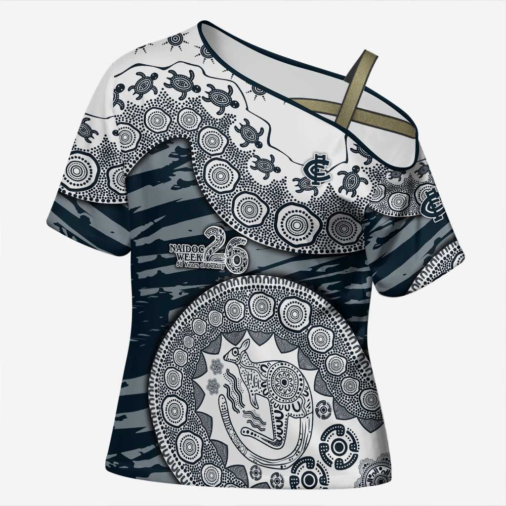 Carlton Blues NAIDOC Week 2026 Cross Shoulder Shirt Australian Aboriginal Dot Art Dreamtime Pattern Style