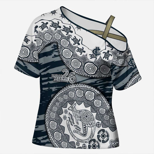Carlton Blues NAIDOC Week 2026 Cross Shoulder Shirt Australian Aboriginal Dot Art Dreamtime Pattern Style