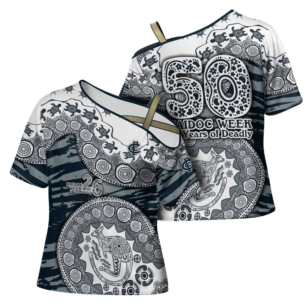Carlton Blues NAIDOC Week 2026 Cross Shoulder Shirt Australian Aboriginal Dot Art Dreamtime Pattern Style