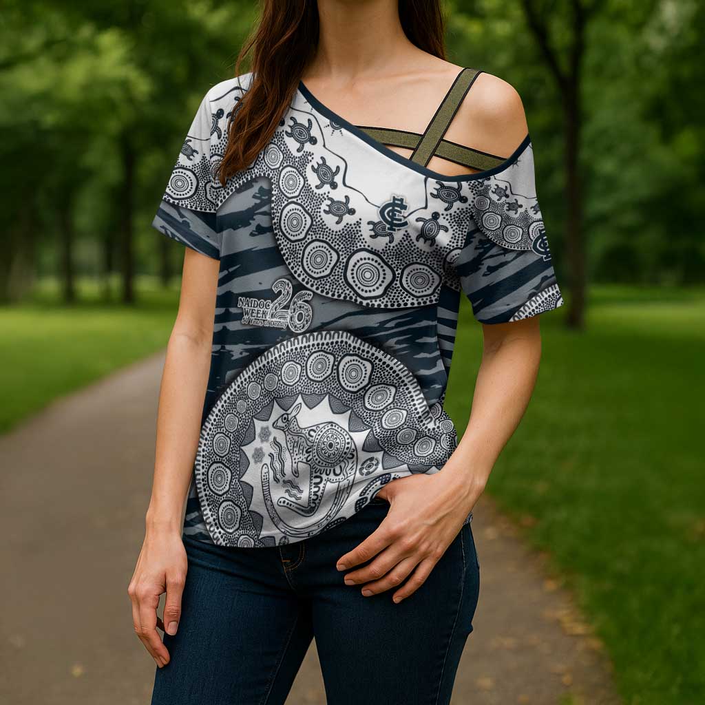 Carlton Blues NAIDOC Week 2026 Cross Shoulder Shirt Australian Aboriginal Dot Art Dreamtime Pattern Style