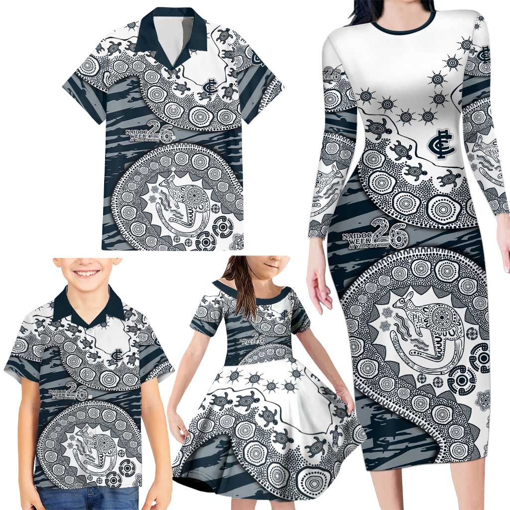 Carlton Blues NAIDOC Week 2026 Family Matching Long Sleeve Bodycon Dress and Hawaiian Shirt Australian Aboriginal Dot Art Dreamtime Pattern Style