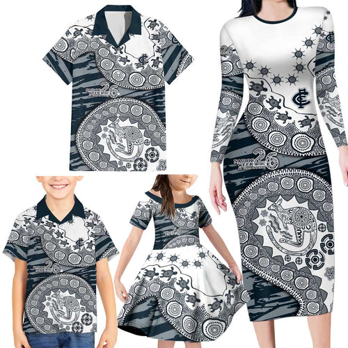Carlton Blues NAIDOC Week 2026 Family Matching Long Sleeve Bodycon Dress and Hawaiian Shirt Australian Aboriginal Dot Art Dreamtime Pattern Style