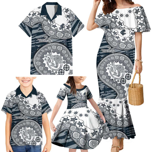 Carlton Blues NAIDOC Week 2026 Family Matching Mermaid Dress and Hawaiian Shirt Australian Aboriginal Dot Art Dreamtime Pattern Style