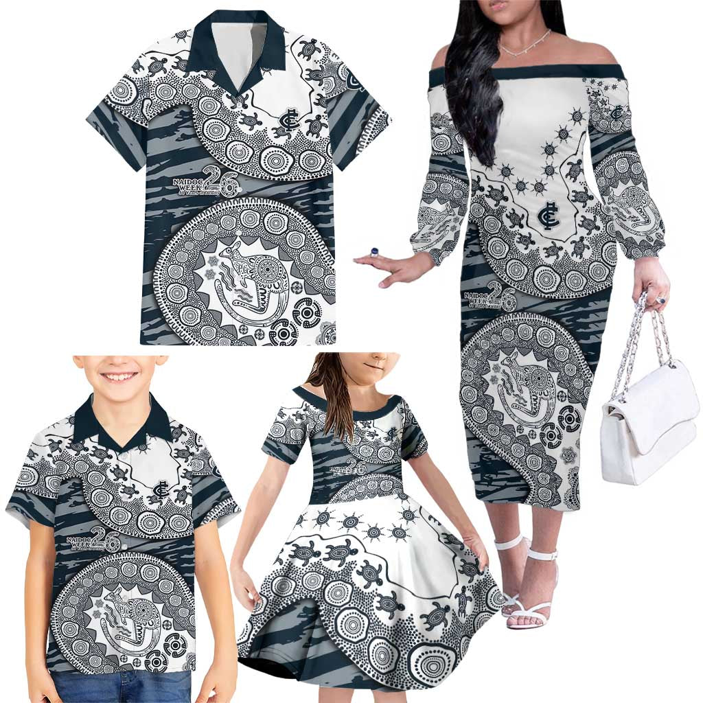 Carlton Blues NAIDOC Week 2026 Family Matching Off The Shoulder Long Sleeve Dress and Hawaiian Shirt Australian Aboriginal Dot Art Dreamtime Pattern Style
