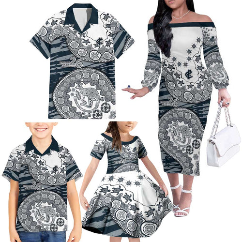 Carlton Blues NAIDOC Week 2026 Family Matching Off The Shoulder Long Sleeve Dress and Hawaiian Shirt Australian Aboriginal Dot Art Dreamtime Pattern Style