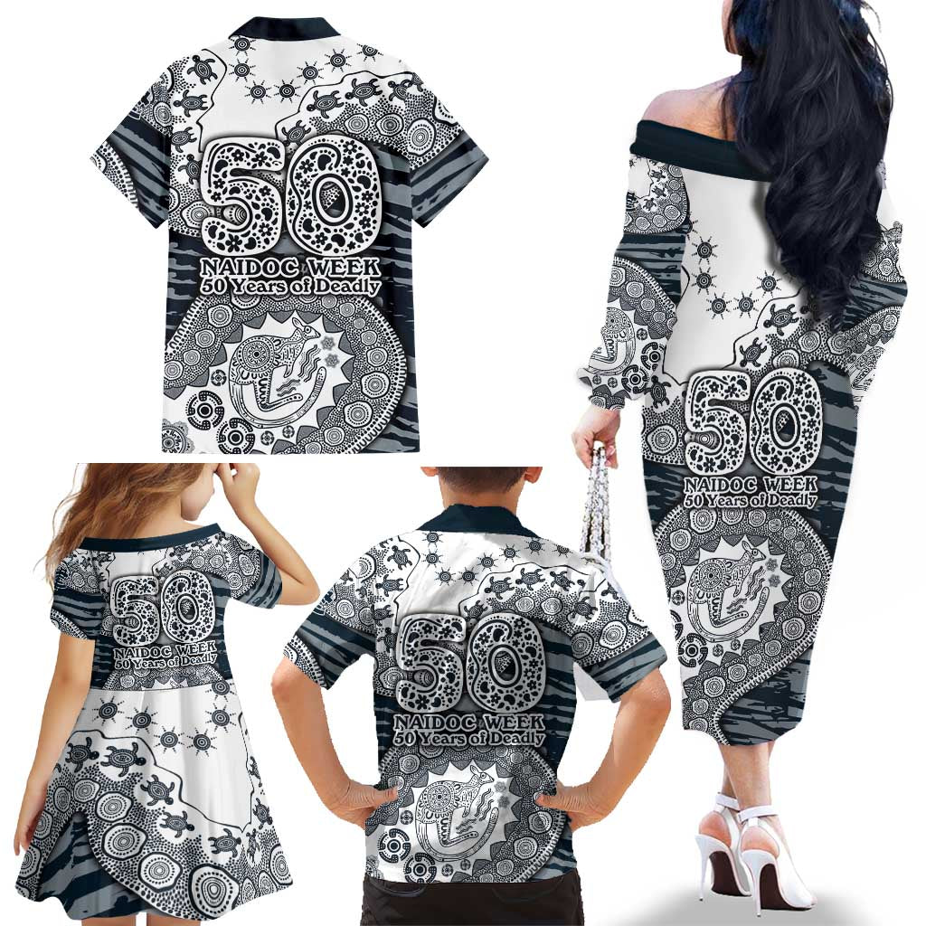 Carlton Blues NAIDOC Week 2026 Family Matching Off The Shoulder Long Sleeve Dress and Hawaiian Shirt Australian Aboriginal Dot Art Dreamtime Pattern Style