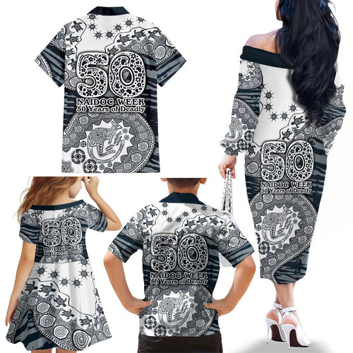 Carlton Blues NAIDOC Week 2026 Family Matching Off The Shoulder Long Sleeve Dress and Hawaiian Shirt Australian Aboriginal Dot Art Dreamtime Pattern Style