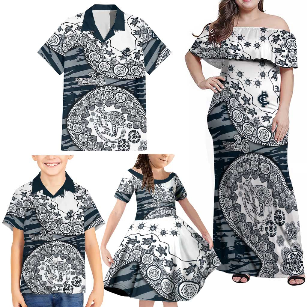 Carlton Blues NAIDOC Week 2026 Family Matching Off Shoulder Maxi Dress and Hawaiian Shirt Australian Aboriginal Dot Art Dreamtime Pattern Style