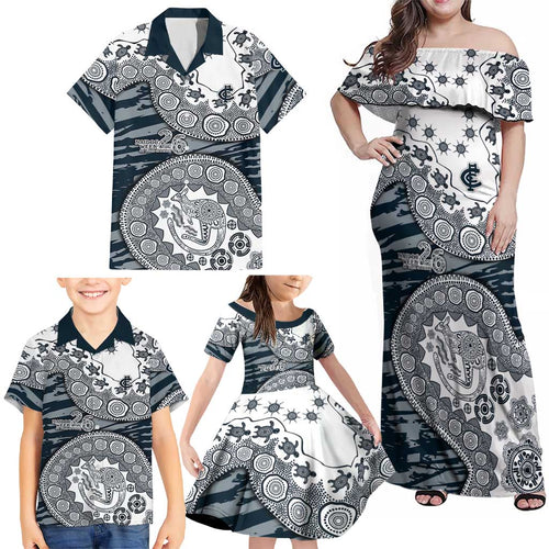 Carlton Blues NAIDOC Week 2026 Family Matching Off Shoulder Maxi Dress and Hawaiian Shirt Australian Aboriginal Dot Art Dreamtime Pattern Style