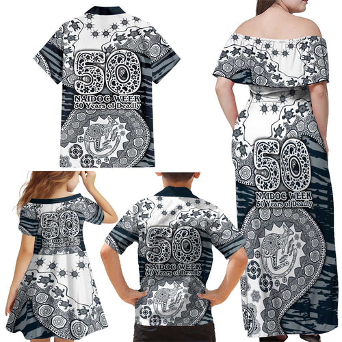 Carlton Blues NAIDOC Week 2026 Family Matching Off Shoulder Maxi Dress and Hawaiian Shirt Australian Aboriginal Dot Art Dreamtime Pattern Style