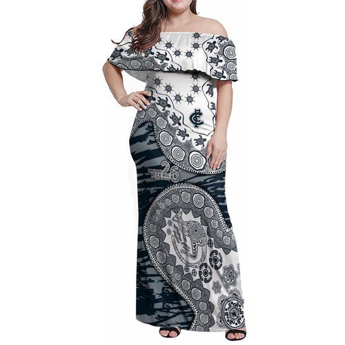 Carlton Blues NAIDOC Week 2026 Family Matching Off Shoulder Maxi Dress and Hawaiian Shirt Australian Aboriginal Dot Art Dreamtime Pattern Style