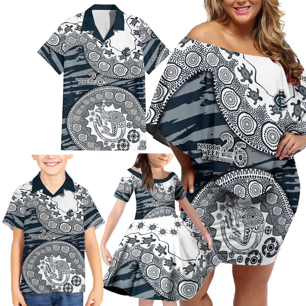 Carlton Blues NAIDOC Week 2026 Family Matching Off Shoulder Short Dress and Hawaiian Shirt Australian Aboriginal Dot Art Dreamtime Pattern Style