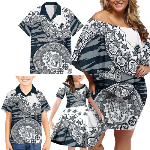 Carlton Blues NAIDOC Week 2026 Family Matching Off Shoulder Short Dress and Hawaiian Shirt Australian Aboriginal Dot Art Dreamtime Pattern Style