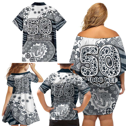 Carlton Blues NAIDOC Week 2026 Family Matching Off Shoulder Short Dress and Hawaiian Shirt Australian Aboriginal Dot Art Dreamtime Pattern Style