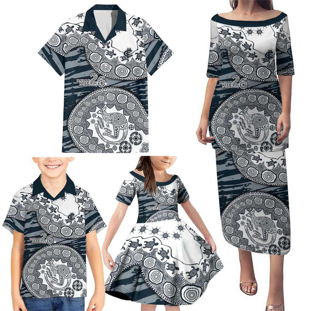 Carlton Blues NAIDOC Week 2026 Family Matching Puletasi and Hawaiian Shirt Australian Aboriginal Dot Art Dreamtime Pattern Style