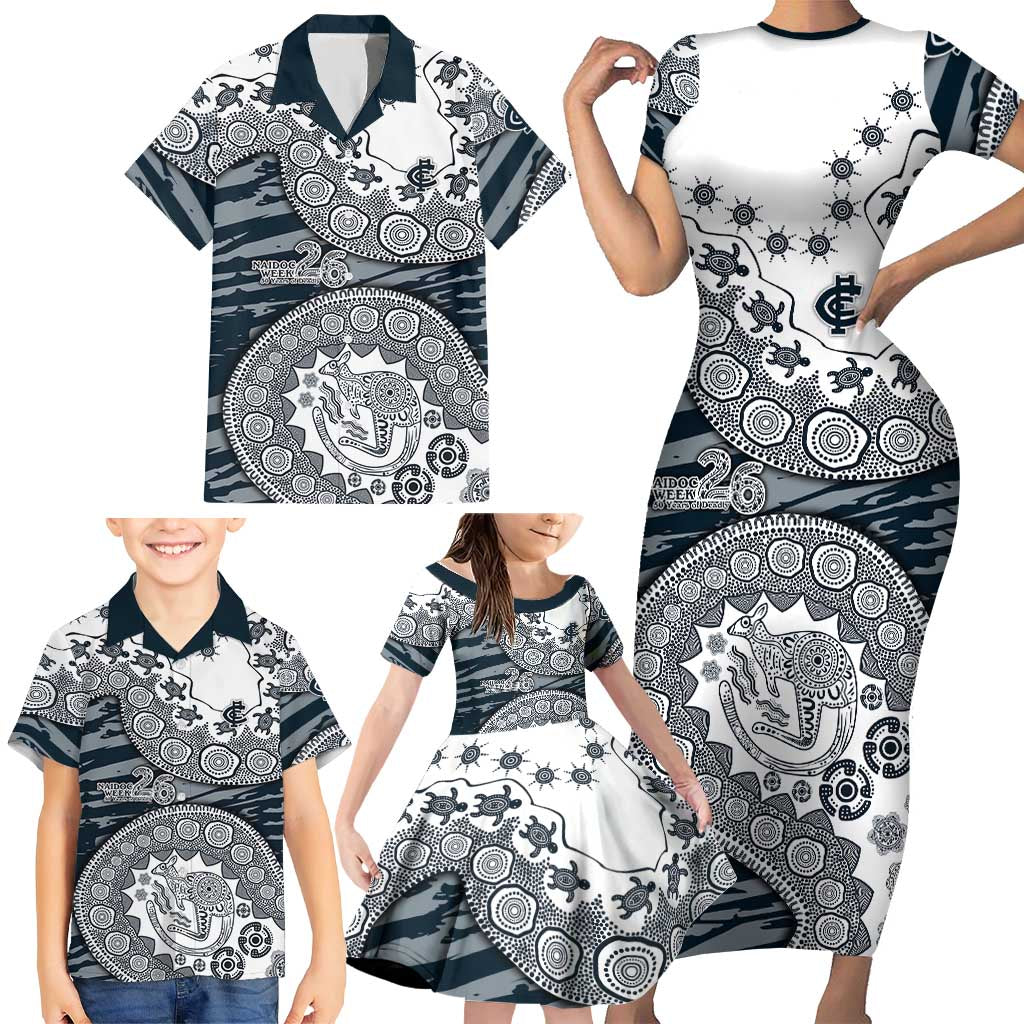 Carlton Blues NAIDOC Week 2026 Family Matching Short Sleeve Bodycon Dress and Hawaiian Shirt Australian Aboriginal Dot Art Dreamtime Pattern Style