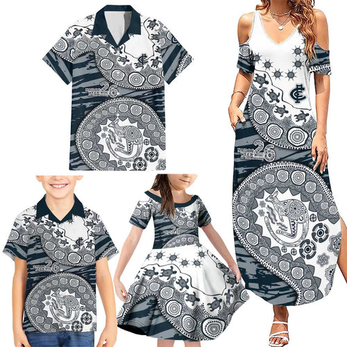 Carlton Blues NAIDOC Week 2026 Family Matching Summer Maxi Dress and Hawaiian Shirt Australian Aboriginal Dot Art Dreamtime Pattern Style