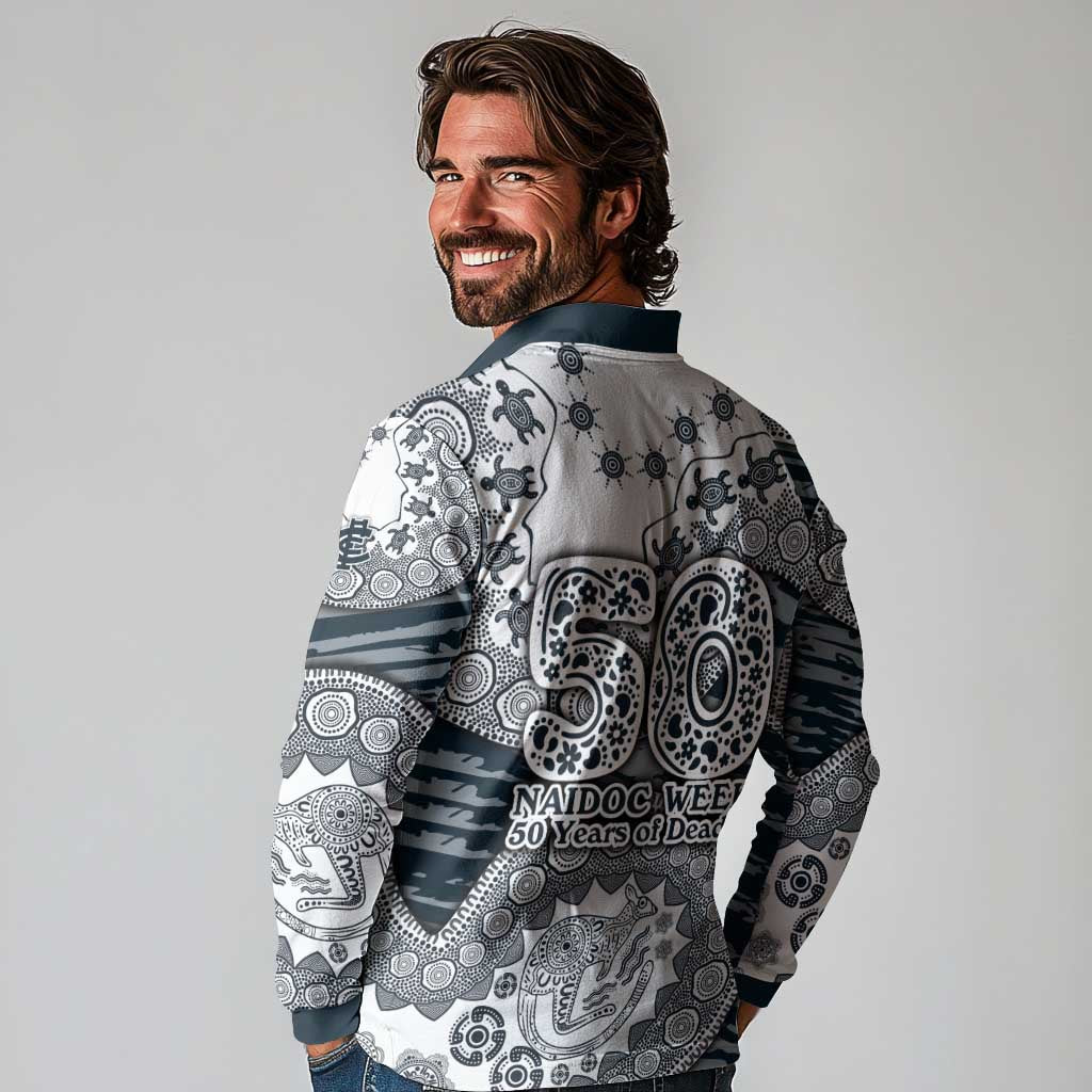 Carlton Blues NAIDOC Week 2026 Long Sleeve Polo Shirt Australian Aboriginal Dot Art Dreamtime Pattern Style