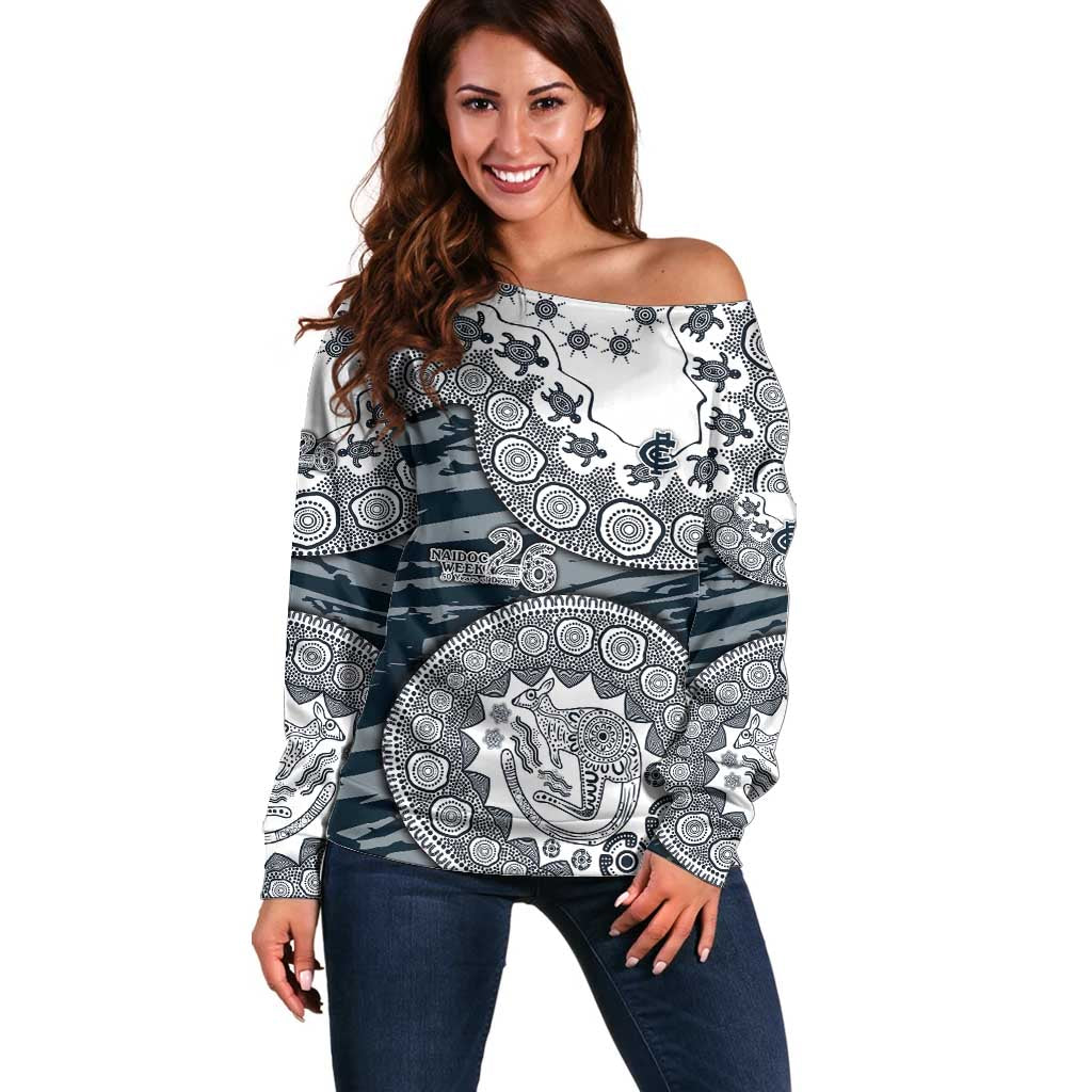 Carlton Blues NAIDOC Week 2026 Off Shoulder Sweater Australian Aboriginal Dot Art Dreamtime Pattern Style