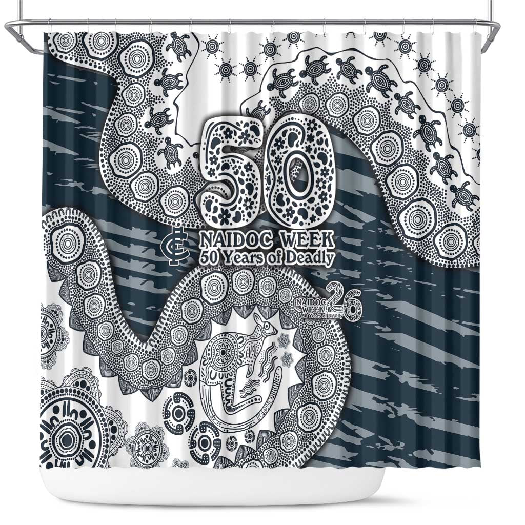 Carlton Blues NAIDOC Week 2026 Shower Curtain Australian Aboriginal Dot Art Dreamtime Pattern Style