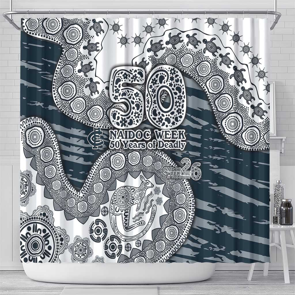 Carlton Blues NAIDOC Week 2026 Shower Curtain Australian Aboriginal Dot Art Dreamtime Pattern Style