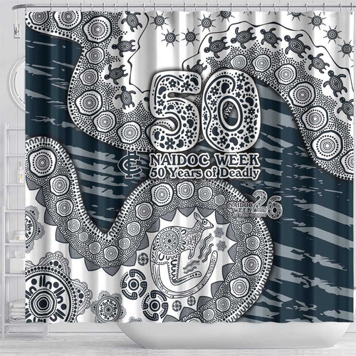Carlton Blues NAIDOC Week 2026 Shower Curtain Australian Aboriginal Dot Art Dreamtime Pattern Style