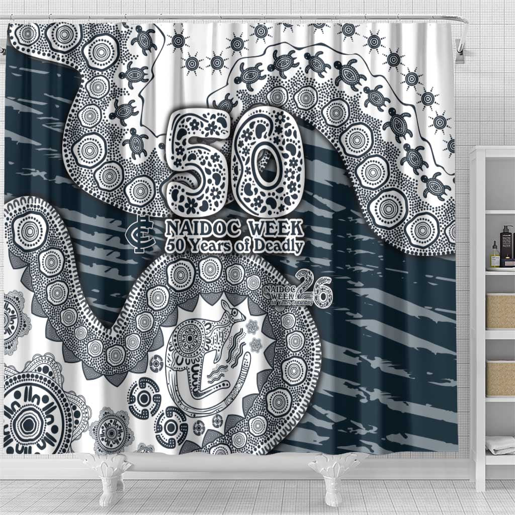 Carlton Blues NAIDOC Week 2026 Shower Curtain Australian Aboriginal Dot Art Dreamtime Pattern Style
