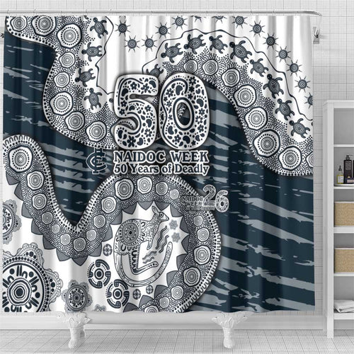 Carlton Blues NAIDOC Week 2026 Shower Curtain Australian Aboriginal Dot Art Dreamtime Pattern Style