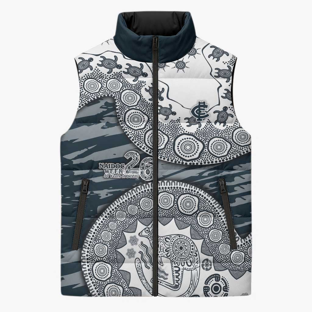 Carlton Blues NAIDOC Week 2026 Sleeveless Puffer Jacket Australian Aboriginal Dot Art Dreamtime Pattern Style