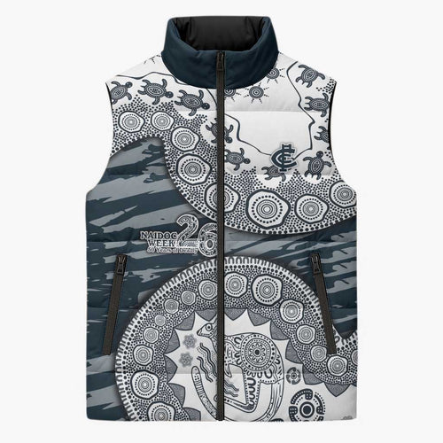 Carlton Blues NAIDOC Week 2026 Sleeveless Puffer Jacket Australian Aboriginal Dot Art Dreamtime Pattern Style
