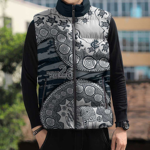 Carlton Blues NAIDOC Week 2026 Sleeveless Puffer Jacket Australian Aboriginal Dot Art Dreamtime Pattern Style