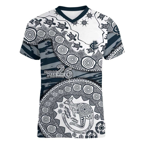 Carlton Blues NAIDOC Week 2026 Women V-Neck T-Shirt Australian Aboriginal Dot Art Dreamtime Pattern Style