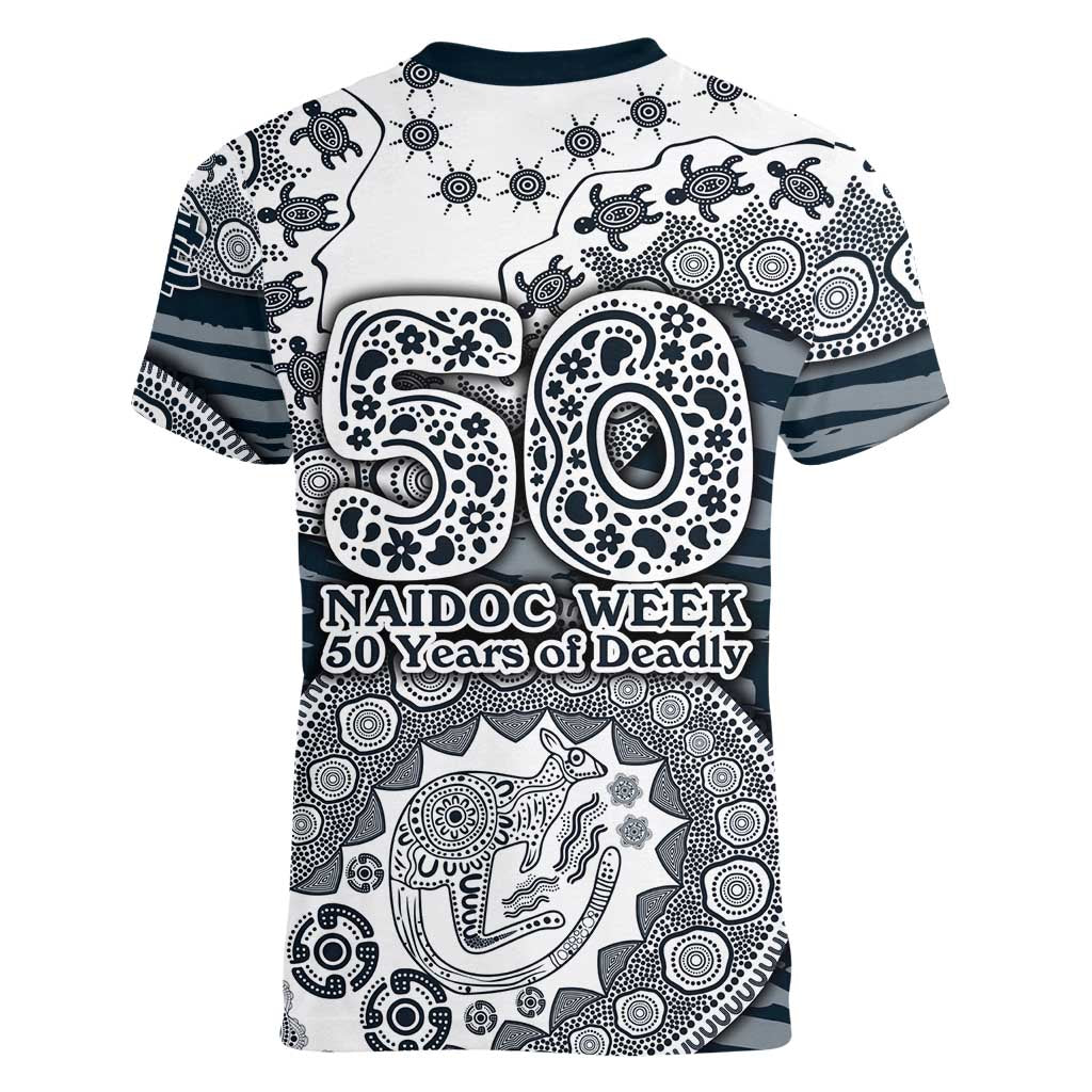 Carlton Blues NAIDOC Week 2026 Women V-Neck T-Shirt Australian Aboriginal Dot Art Dreamtime Pattern Style
