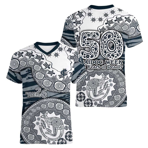 Carlton Blues NAIDOC Week 2026 Women V-Neck T-Shirt Australian Aboriginal Dot Art Dreamtime Pattern Style
