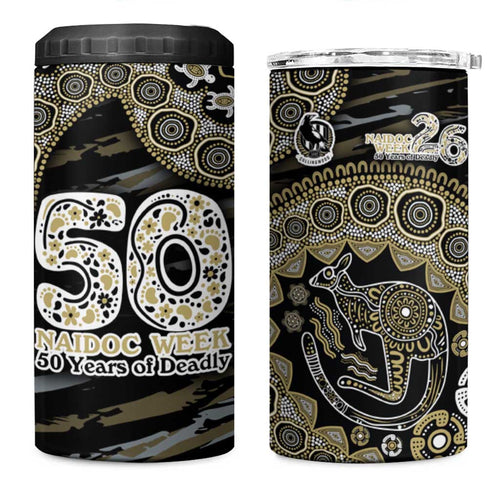 Collingwood Magpies NAIDOC Week 2026 4 in 1 Can Cooler Tumbler Australian Aboriginal Dot Art Dreamtime Pattern Style